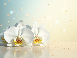 Elegant white and yellow orchids resting on a reflective surface with golden bokeh. Luxurious and serene floral concept for spa, beauty, or wellness advertising