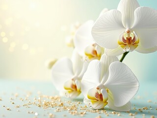 Ethereal white Phalaenopsis orchid flowers with a dreamy, light-filled bokeh background. Serene and elegant floral composition symbolizing purity, beauty, and tranquility