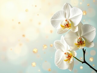 Beautiful white orchid flowers against a soft and bright blue bokeh background. Elegant and fresh floral image perfect for spa, wellness, or tranquil concepts