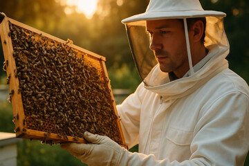 Beekeeper in a protective suit inspecting a honeycomb frame swarming with bees during a bright, sunny day in an apiary.