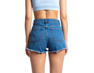 A young woman's lower body in a close-up rear view showcasing her toned figure in denim shorts on a transparent background.