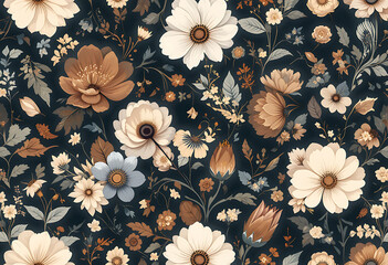 Vintage Brown Floral Pattern with Cream Flowers