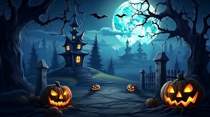 Halloween haunted house background spooky night pumpkins bats full moon halloween scene scary dark theme