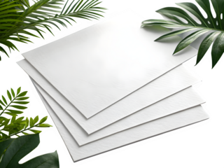 Blank white paper sheets stacked with lush green tropical leaves on black background