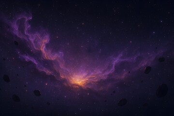 Purple nebula glowing with scattered asteroids in deep space