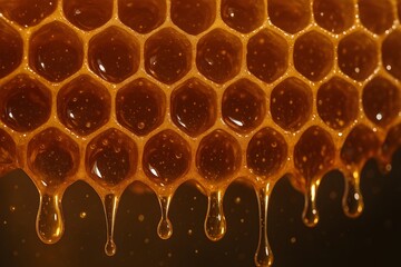 Honeycomb dripping golden honey in close-up macro view