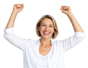 
A jubilant mature woman with her arms raised in a victorious gesture, smiling enthusiastically at the camera on a transparent background.