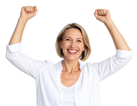 
A jubilant mature woman with her arms raised in a victorious gesture, smiling enthusiastically at the camera on a transparent background. - Powered by Adobe
