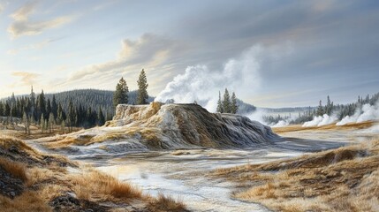 Yellowstone geyser erupting, geothermal landscape at dawn
