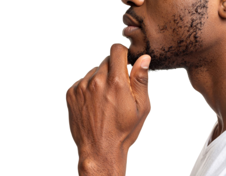 A close-up side profile of a thoughtful African-American man with his hand on his chin on a transparent background.