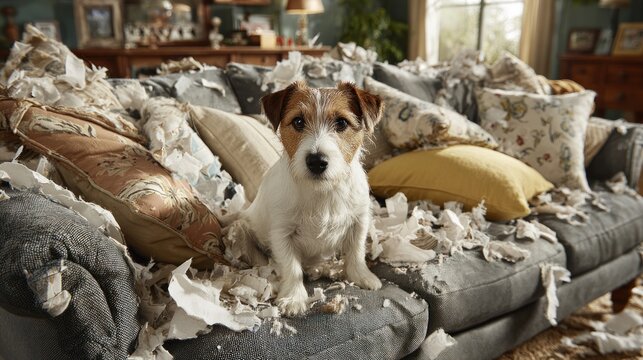 Dog in a destroyed living room couch