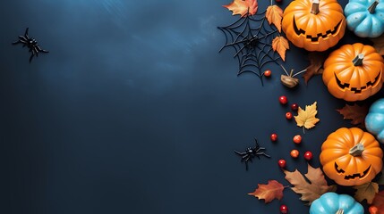 Halloween pumpkins spiders and leaves flat lay background for october holiday season decorations theme