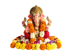 Ornate Ganesha statue adorned with vibrant marigold garlands and colorful flower offerings for Hindu worship