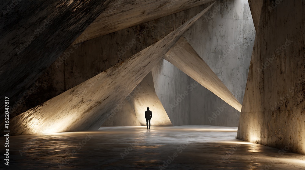 Canvas Prints a lone figure stands in a vast concrete structure, bathed in light, creating a sense of awe and wond