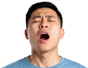 A tired Asian man yawning widely with his eyes closed, conveying feelings of exhaustion and sleepiness, on a transparent background.
