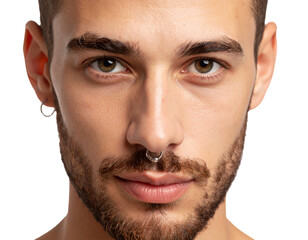 Obraz premium A close-up portrait of a handsome young man with a beard and nose ring looking directly at the camera with a calm expression on a transparent background.