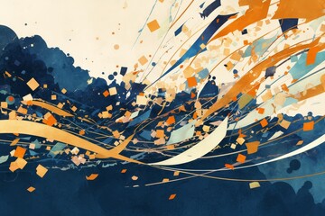 Abstract wind depiction featuring flowing ribbon lines, swirling leaf clusters, and directional arrow patterns