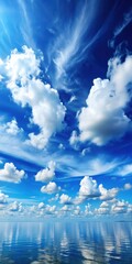 A serene blue sky with puffy white clouds stretching over the horizon