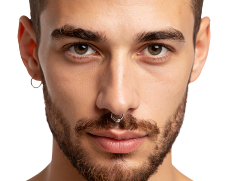 A close-up portrait of a handsome young man with a beard and nose ring looking directly at the camera with a calm expression on a transparent background.