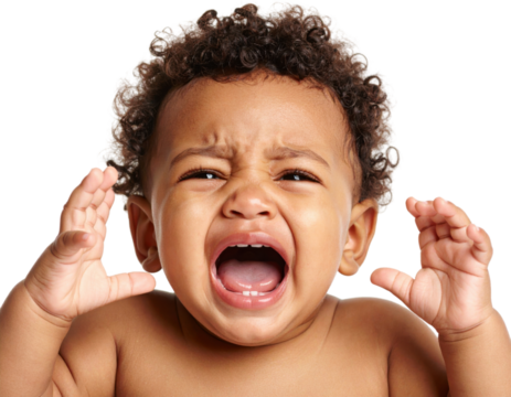 A close-up of a distressed and screaming African-American baby expressing intense emotion on a transparent background.