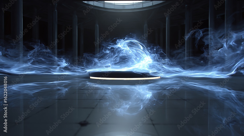 Poster a mysterious and surreal scene with abstract smoke and light, creating a moody and atmospheric space