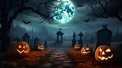 Halloween night spooky graveyard scene with pumpkins bats and full moon scary halloween background wallpaper