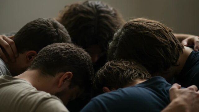 A closeup shot of a group of diverse people embracing each other with their heads bowed in a moment of shared support