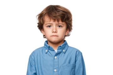 Sad little boy looking at the camera with a concerned expression. Unhappy child on transparent background