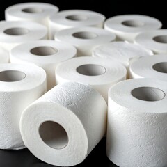 A close-up shot of numerous white toilet paper rolls arranged on a dark surface