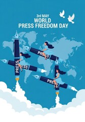 3rd May World Press Freedom Day illustration with women riding pen rockets