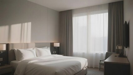 Modern Hotel Room with Large Window and Neutral Decor