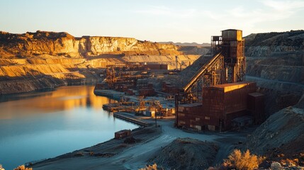 Abandoned mine facility by a lake at sunrise
