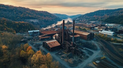 Abandoned industrial complex nestled in valley at dawn