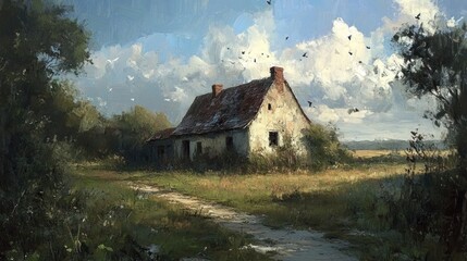 Abandoned farmhouse, sunlit path, birds, rural landscape