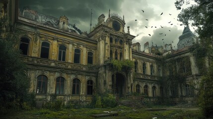 Abandoned grand palace under stormy sky, overgrown with vegetation.  Possible use stock photo