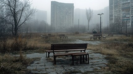 Abandoned park benches in a misty city setting