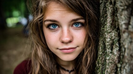 Naklejka premium Close-up of a young woman with striking blue eyes standing outdoors near a tree