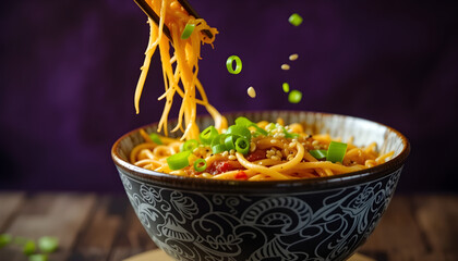 "Delicious Spicy Noodles Garnished with Spring Onions in a Decorative Bowl"