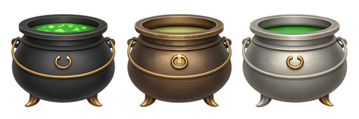 Set For colorful witchs cauldrons isolated on transparent background