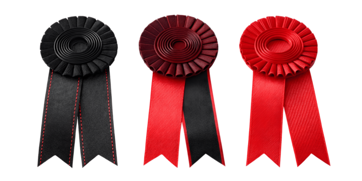 A set of three colorful award ribbons isolated on transparent background