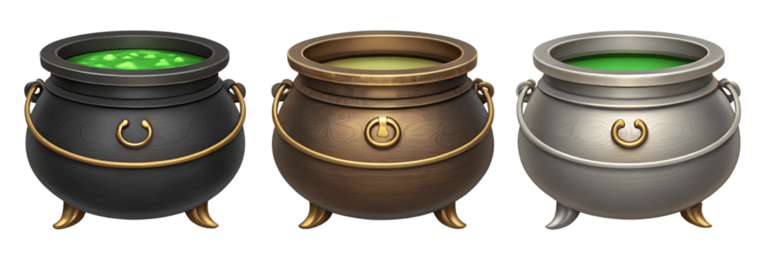 Set For colorful witchs cauldrons isolated on transparent background