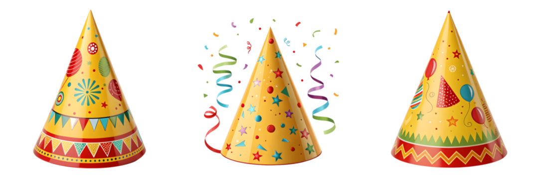 Set For colorful party hats are isolated on transparent background