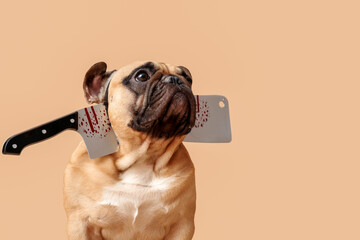 Cute French bulldog with Halloween axe on beige background