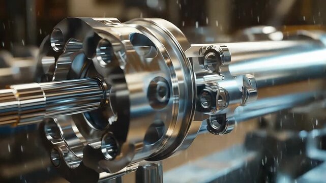 Shiny metal drive shaft rotating smoothly in modern factory