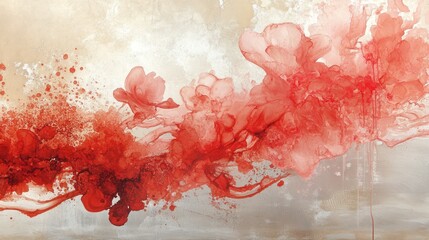 Abstract art, red ink flowers, textured beige background, flowing designs
