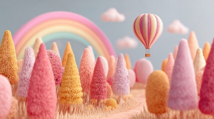 Pastel forest with hot air balloon and rainbow