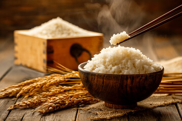 Boiled white rice in warm natural lighting, traditional Japanese setting with wooden rice container