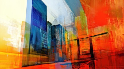 Abstract city perspective, vibrant skyscrapers, colorful urban scene