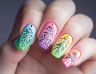 Hands with pastel gradient nails and detailed feather design