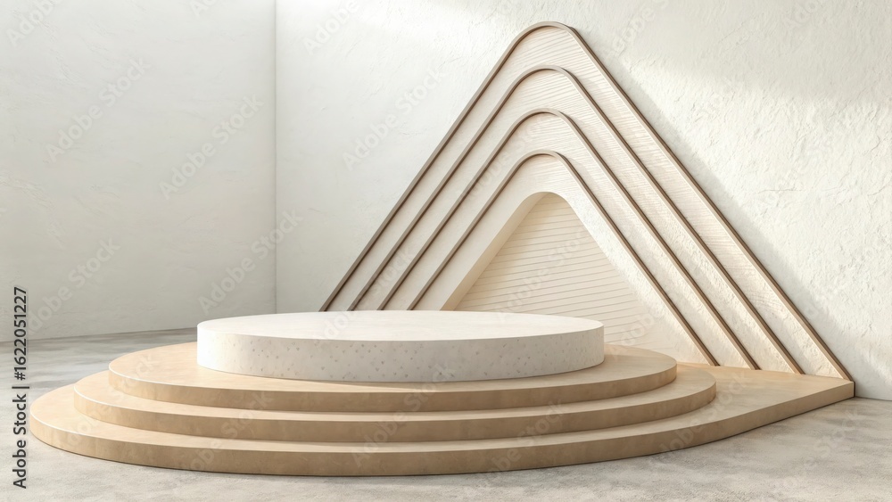 Aufkleber minimalist product display with round podium and triangle backdrop in a bright and airy studio